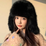 Daiiibabyyy  Winter Warm Plush Snow Ski Cap Russian Hat Women Fluffy Thicken Faux Fur Hats Female Outdoor Windproof Ear Protection Daily Wear