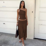 Daiiibabyyy  Casual Solid Color Off Shoulder Sleeveless Crop Top High Waist Ruffle Mini Dress with Ruched Waistband Asymmetrical Hem in