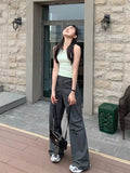 Daiiibabyyy  American Retro Gray Casual Work Pants for Women in Spring and Autumn Thin Design Loose High Waist Quick-drying Straight