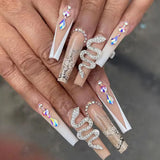 Daiiibabyyy 24Pcs Wearable Press on Nails Long Coffin Ballet False Nails Gradient White Flower Design Fake Nails with Rhinestone Nail Tips