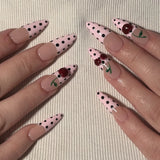 Daiiibabyyy  24Pcs French White Gradient Almond Press on Nails Flower Pattern False Nails with 3D Rhinestone Design Fake Nail Art