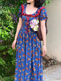 Daiiibabyyy  women's blue bubble sleeve floral dress women's summer sweet pinched waist floral  long dress