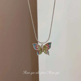Daiiibabyyy  Green Butterfly Necklace Choker French Sweet Vintage Temperament Cross Tassel Collarbone Chain Harajuku Choker Y2k Jewelry
