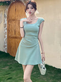 DAIIIBABYYY  -  Women Green Knitted Short Sleeve O-Neck Mini Dress Summer Pleated Bodycon Hip Wrap Dress 2025 Korean Fashion Casual Party Dress