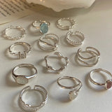 Daiiibabyyy Irregular Geometric Moonstone Silver Open Rings for Women Fashion Design Simple Personality Combination Ring Wholesale