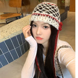Daiiibabyyy  Women's Kawaii Hats Sweet Cute Y2K Hollowed Out Flower Bun Hat Color Blocked Knitted Woolen Cold Hat Beret Korean Version Caps