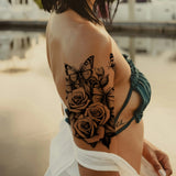 Daiiibabyyy  1pc Black Rose & Butterfly Design Large Temporary Tattoo Sticker For Arms, Chest, Abdomen, Back