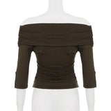 Daiiibabyyy  Beaded Design Low Cut V-neck Pleated One Shoulder Split Half Sleeved Top Sexy Temperament Spicy Girl T-shirt