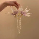 Daiiibabyyy  Exquisite Pearl Butterfly Tassel Ear Hook for Women Sweet Metal Irregular Wing Ear Clip Earrings Wedding Jewelry Accessories