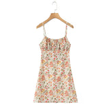 Daiiibabyyy  Women Summer French Style Retro Flower Print Ruched Chest Sling Dress Elastic Back Short Chiffon Dresses Holiday Robe Vestido