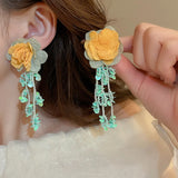 Daiiibabyyy  Minar Elegant Green Resin Miyuki Strand Contrast Color Cloth Big Flowers Long Tassel Dangle Earrings for Women Wholesale Jewelry