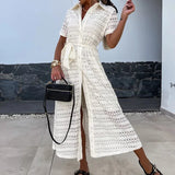 Daiiibabyyy Elegant Lapel Lace-up Long Dress Summer Casual Short Sleeve Solid Shirt Dress Women Fashion Hole Hollow Button Waist Party Dress