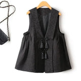 DAIIIBABYYY  -  Spring Autumn New Chinese Style V-neck Jacquard Vest Jackets Women's Retro High-end Buckle Side Pleated Loose Casual Waistcoat