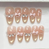 Daiiibabyyy  10pcs Diamond Design Handmade Nails Summer Green Short Almond Press on Nails Tips Cat's Eye Oval False Nail Art French Fake Nail