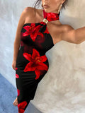 Daiiibabyyy  Women's Black One-Shoulder Choker Neck Bodycon Maxi Dress with Metal Accent