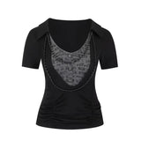 Daiiibabyyy  Harajuku Fake Two Pieces Vintage T-shirts Y2k Aesthetic Letter Print Patchwork Casual Tshirts Women Grunge Bodycon Cropped Tops