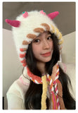 Daiiibabyyy  Women's Winter Hats Cute Funny Little Monster Knitted Hat Winter Plush Warm Woolen Hat With Straps Ear-protecting Lei Feng Hat