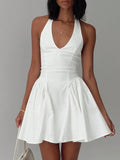 Daiiibabyyy  Women's White Halter Neck Pleated Mini Dress For Summer Street Beach Party