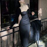 Daiiibabyyy Black Square Collar Long Sleeve Bottoming Slim Skirt Summer 2024 Sexy Vestidos Evening Dresses for Women Elegantes Party Prom
