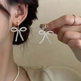 Daiiibabyyy  Korean White Imitation Pearl Bow Dangle Earrings for Women Elegant Handmade Woven Beaded Earrings Wedding Y2K Jewelry