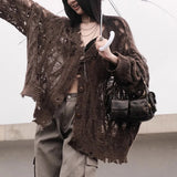 Daiiibabyyy  Hollow Out Knitted Cardigan Women V Neck Hole Y2K Streetwear Loose Sweaters Lazy Wind Long Sleeve Fall Vintage Hottie Sexy Tops