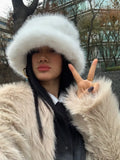 Daiiibabyyy  New Fashion Faux Rabbit Fur Bucket Hat for Women's Russian Luxury Fluffy Warm Wrap Winter Hat Fuzzy Plush Beanies Hat Y2k