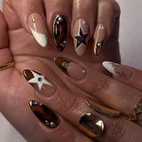 Daiiibabyyy  24pcs Colorful Five-pointed Star Press On Nails Red Stripes French Style Y2k Fake Nails Yellow Almond European Fake Nail Tips