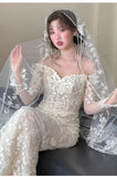Daiiibabyyy  Wedding Bridal Veil Lace Pearl Trim Elegant Bride Headpiece for Wedding Ceremony Bridal Photoshoot,Lightweight Tulle Bridal Veil