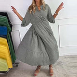 Daiiibabyyy  Spring Summer Long Sleeved V Neck Women's Dress Vintage Holiday Swing Beach Maxi Dresses Polka Dot Print Loose Commuting Dress