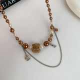 Daiiibabyyy  Little Bear Brown Beaded Splicing Necklace Women's Clavicle Chain