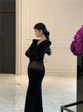 Daiiibabyyy  Black Long Sleeve Chic Ruffled Lace V-Neck Evening Gown Women Elegant Luxury Mermaid Dress Autumn Winter New French Dresses