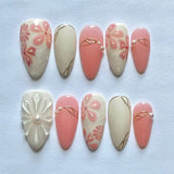 Daiiibabyyy  24PCS Glossy 3D Flower Butterfly Almond False Nails Sweet Pink Gradient with Pearl French Press on Fake Nails Wearable Ins Nails