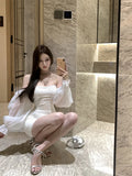 Daiiibabyyy  Sexy Short Shoulder One-Piece Dress Women Slim High Waist Long Sleeve Lantern Sleeve Street Style Pure Color Embroidered Dress