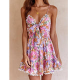 DAIIIBABYYY  -  Floral Printed Strappy Mini Dress Bow Tie Pink Ruffles Sexy Summer Sundress Chic Backless Party Dresses Ladies Vestido