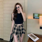 DAIIIBABYYY  -  Sexy U-Neck Short Sleeve Women's Top And High Waist Plaid Skirt Two-Piece Set Fashionable Belted Waist Design Polyester Fiber