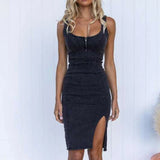 Daiiibabyyy Elegant Off Shoulder Solid Irregular Tank Dresses Sexy Bodycon Zip Back Denim Dress Trend Women Square Collar Split Mid Dress