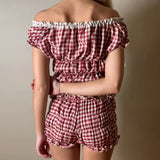 Daiiibabyyy Women Summer y2k Coquette 2 Piece Set Outfits Plaid Print V Neck Short Sleeve Crop Tops Ruffles Shorts Fairycore Clothes
