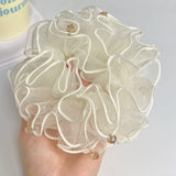Daiiibabyyy  1PC Elegant White Organza Scrunchie With Crystal Beads: Romantic Ruffled Hair Accessory For Women, Perfect For Daily