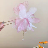 Daiiibabyyy  New Chinese Style Gentle Gradient Fabric Flower Hair Sticks for Women Sweet Chains Tassel Imitation Pearl Hairpin Fairy Headwear