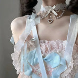 Daiiibabyyy  Fashion Cute Lolita Lace Pink Bow Pearl Tassels Necklace for Women Sweet Princess Heart Pendant Choker Cosplay Party Jewelry