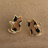 Daiiibabyyy  Funny Leopard Plush Velvet Rhinestone Cartoon Cat with Bowknot Dangle Earrings for Women Gold Plated Every Day Jewelry
