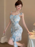 DAIIIBABYYY  -  New Print Mesh Ruffled Sling Short Dress Summer Elegant Casual Beach Style Dress Women Korean Fashion Bodycon Evening Dress