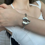 Daiiibabyyy  Punk Silver Color Spliced Heart Bracelet for Women Men Simple Adjustable Metal Bead Rope Chain Bracelet Couple Jewelry Gift New