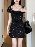 Daiiibabyyy  Korean Floral Sweet Dress Women Lace Patchwork Slim Mini Dress Casual Fashion Preppy Style Short Sleeve Female Cute Dress