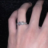 DAIIIBABYYY  -  Hip Hop Punk Silver Colour Cubic Zirconia Set Lightning Open Ring Men's and Women's Trend Dazzling Finger Ring