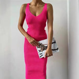 Daiiibabyyy 2024 Summer Elegant Knitted Ribbed Slim Long Dress Women Solid V Neck Sleeveless Split Casual Vacation Commuting Street Robe
