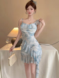 DAIIIBABYYY  -  New Print Mesh Ruffled Sling Short Dress Summer Elegant Casual Beach Style Dress Women Korean Fashion Bodycon Evening Dress