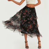 Daiiibabyyy  Early Fall Floral Print Ruffle Mesh Skirt Women Irregular Flowy A-line Midi Skirt for Travel, Beach, Shopping