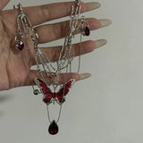 Daiiibabyyy  Gothic Red Butterfly Crystal Pendant Sliver Ghost Claw Short Choker Chain Necklace For Women Punk Y2K Charms Jewelry Accessories
