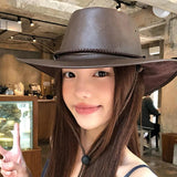 Daiiibabyyy  American Retro Western Cowboy Hat Women Outdoor Horseback Riding Travel Sun Shade Sunscreen Hat Mountaineering Hat PU Soft